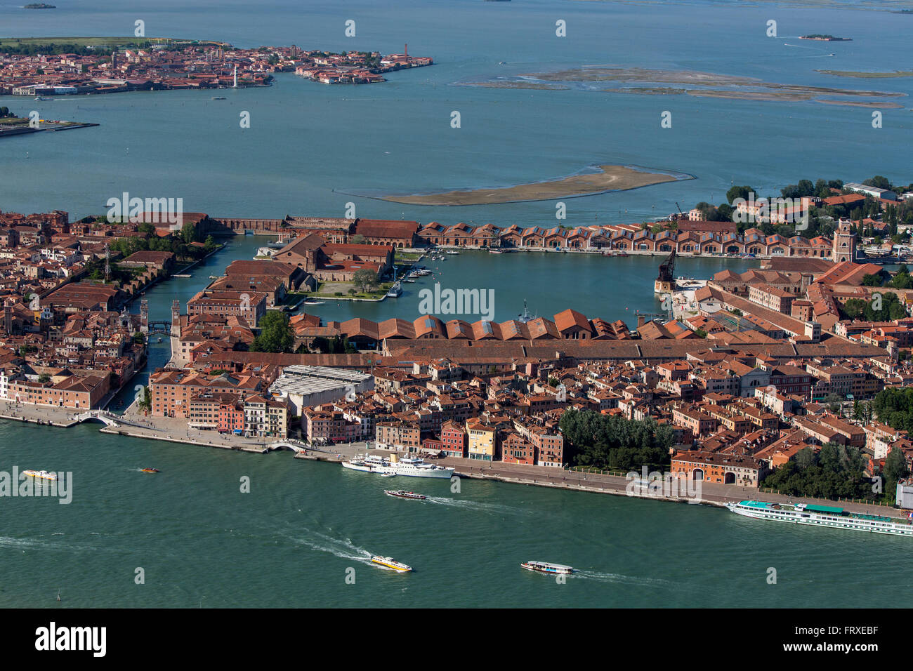 Aerial view of the former Venetian Arsenal with shipyards, armories and docks, Navy, Venice, Veneto, Italy Stock Photo