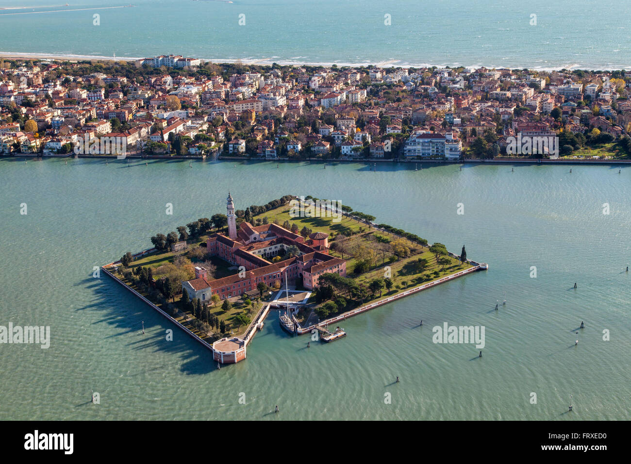 Aerial view of the Island of San Lazzaro, Lido, Mediterranian Sea, Venice, Veneto, Italy Stock Photo