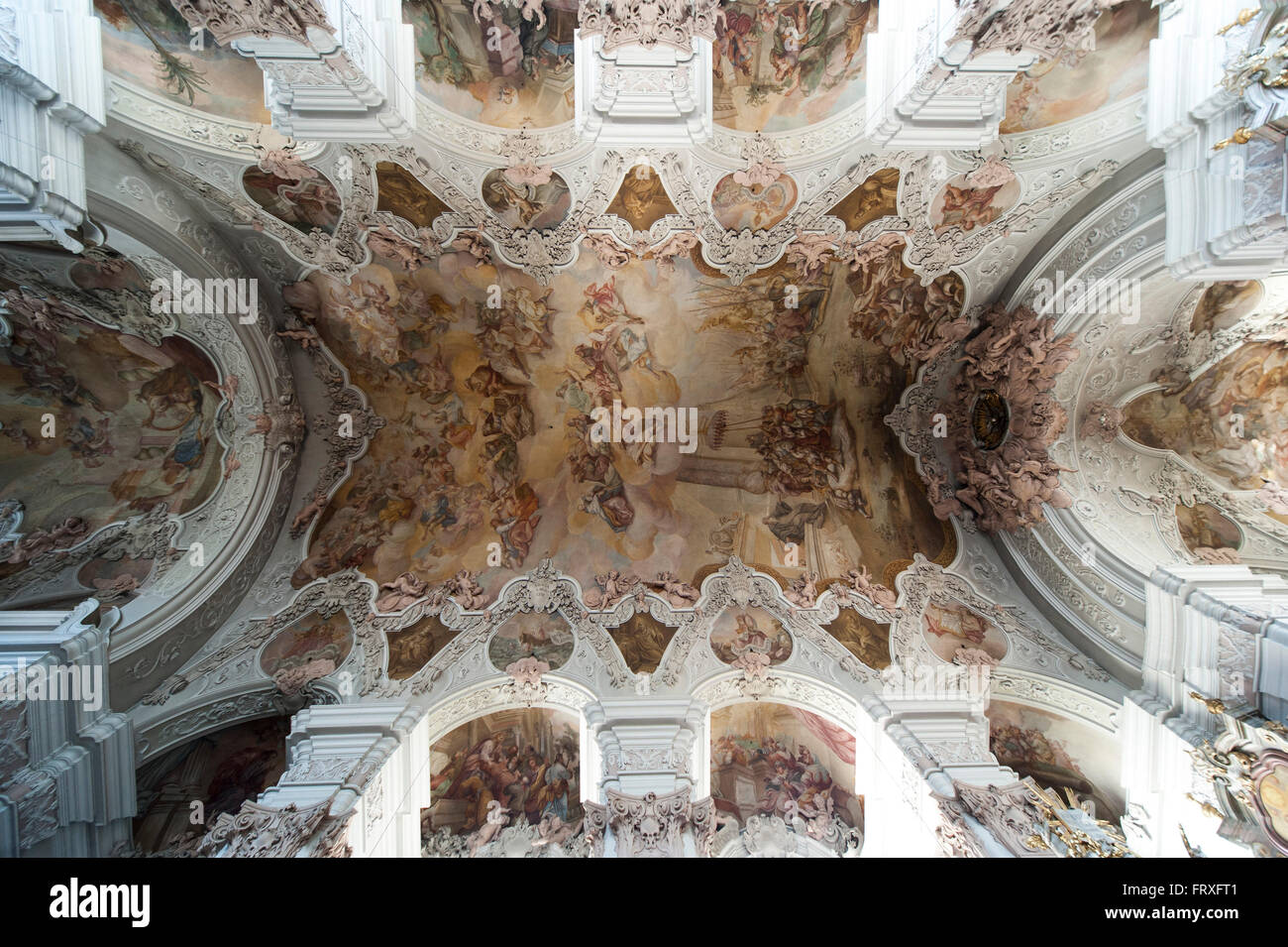 Interior view of the ceiling with fresco, Abbey church in Metten abbey, Metten, Bavarian Forest, Bavaria, Germany Stock Photo