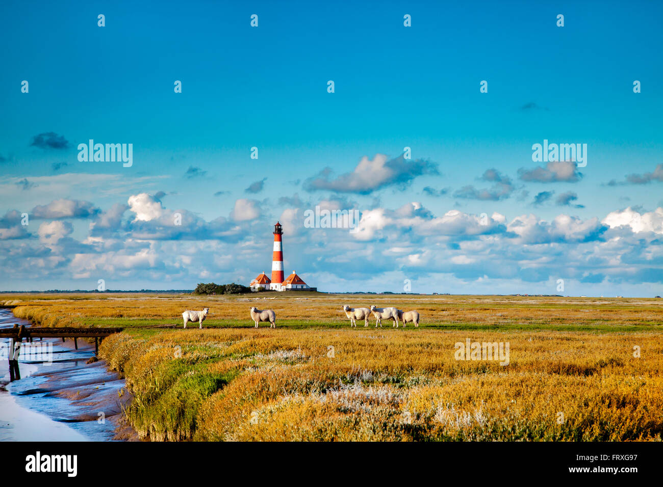 Westerhever Lighthouse, Eiderstedt peninsula, North Sea coast, Northern ...