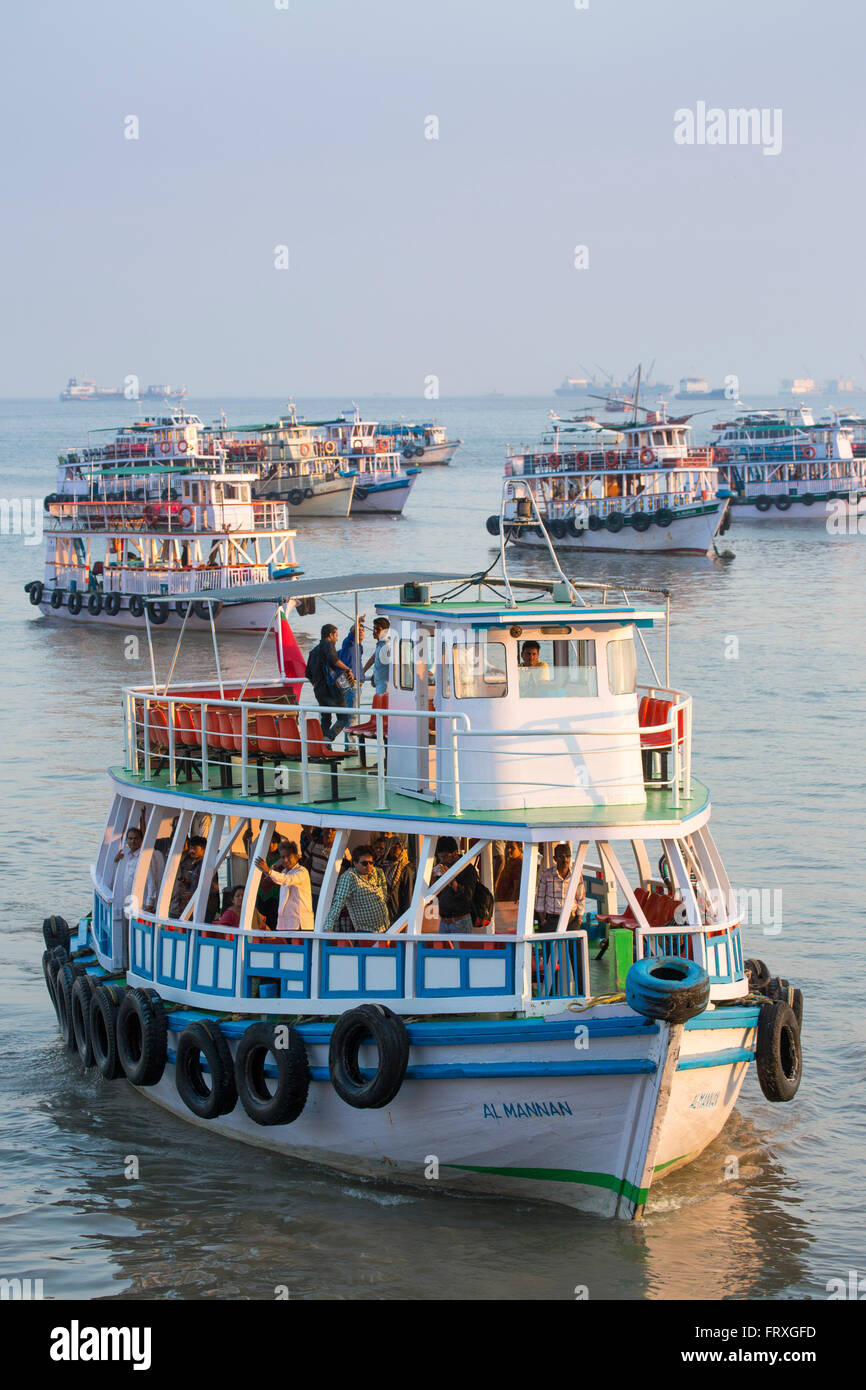Tour boats in the harbor near the Gateway to India, Mumbai, Maharashtra, India Stock Photo