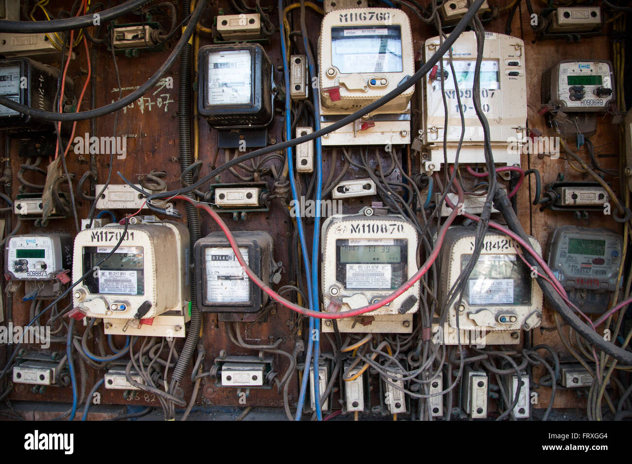 Electricity meters at Mahalaxmi Dhobi Ghat open air laundromat, Mumbai
