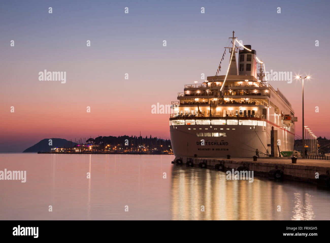Cruise ship MS Deutschland, Reederei Peter Deilmann, at the pier at dusk, Split, Split-Dalmatia, Croatia Stock Photo