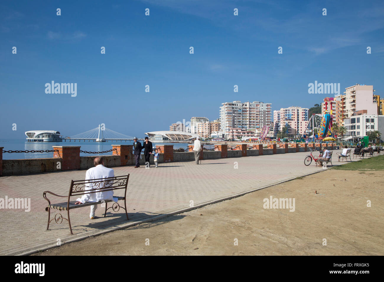 Durres seafront promenade with amusement rides, Durres, Albania Stock Photo