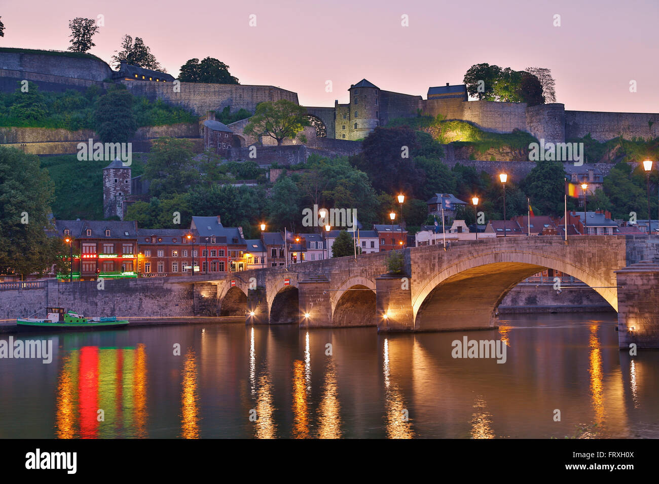 View of Namur, the Pont de Jambes and the Citadel in the evening, Meuse, Maas, Vallée de Meuse, Wallonia, Belgium, Europe Stock Photo
