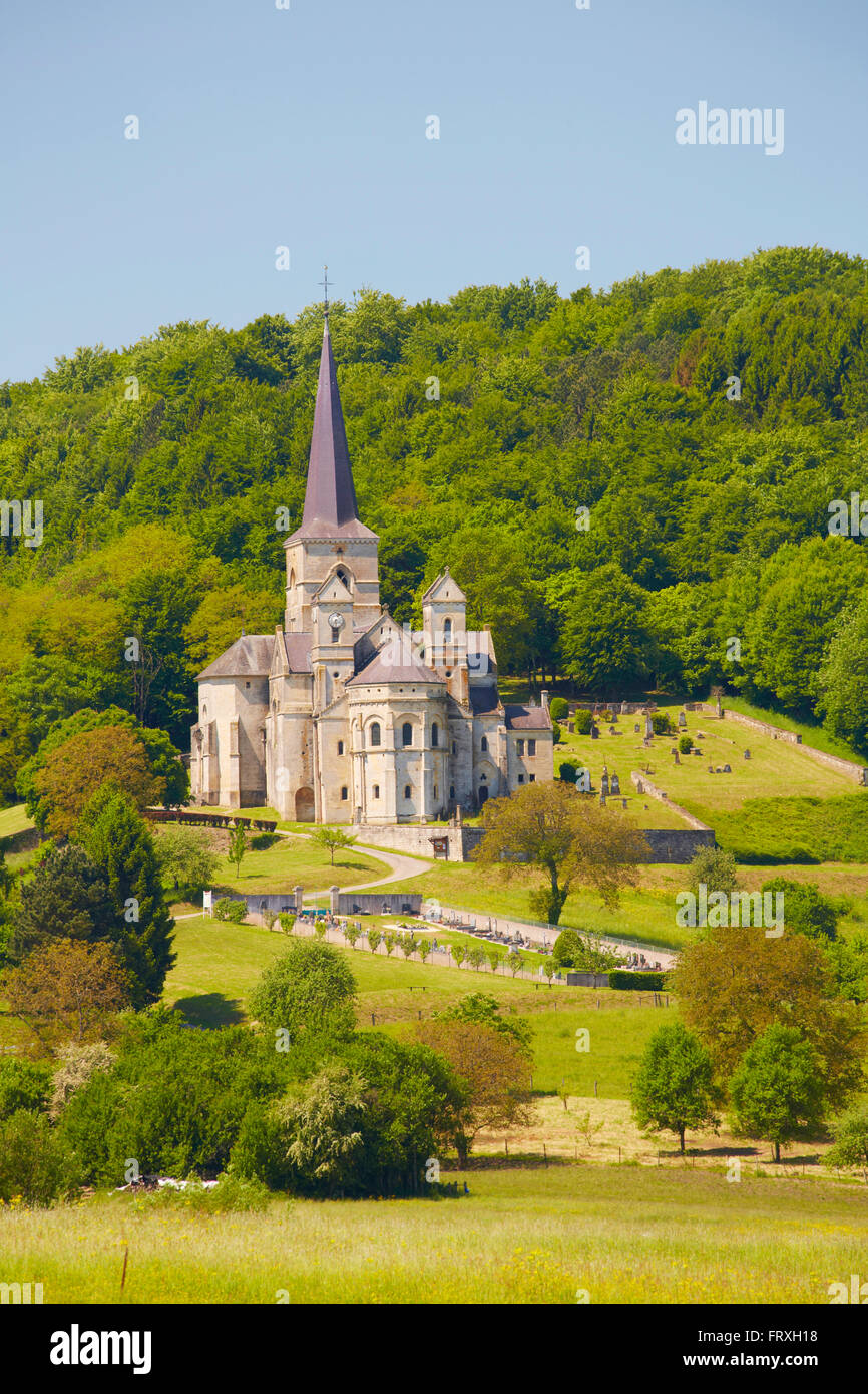 Landscape near Mont-devant-Sassey with church Notre Dame, XI th century, Vallée de Meuse, Dept. Meuse, Region Lothringen, France, Europe Stock Photo