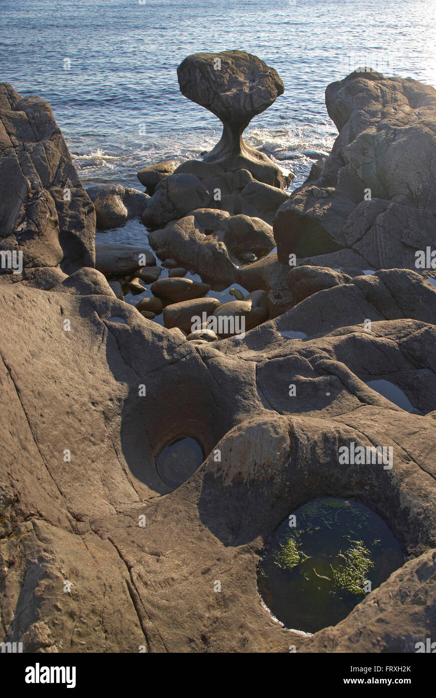 Kannesteinen, mushroom shaped rock formation in Oppedal, Vagsoy Island, Province of Sogn og Fjordane, Vestlandet, Norway, Europe Stock Photo