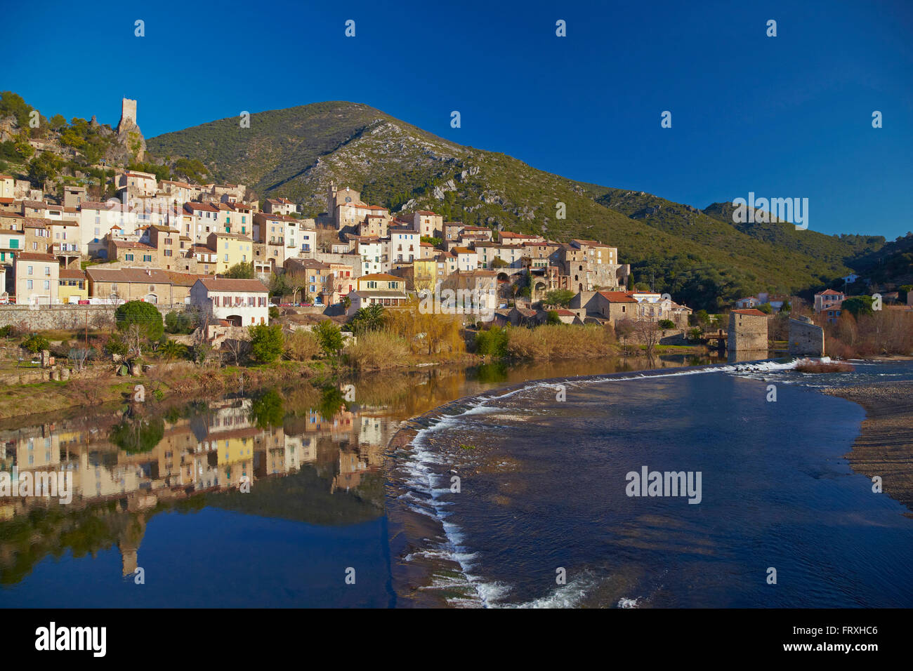 View of Roquebrun, Orb, Dept. Hérault, Languedoc-Roussillon, France, Europe Stock Photo