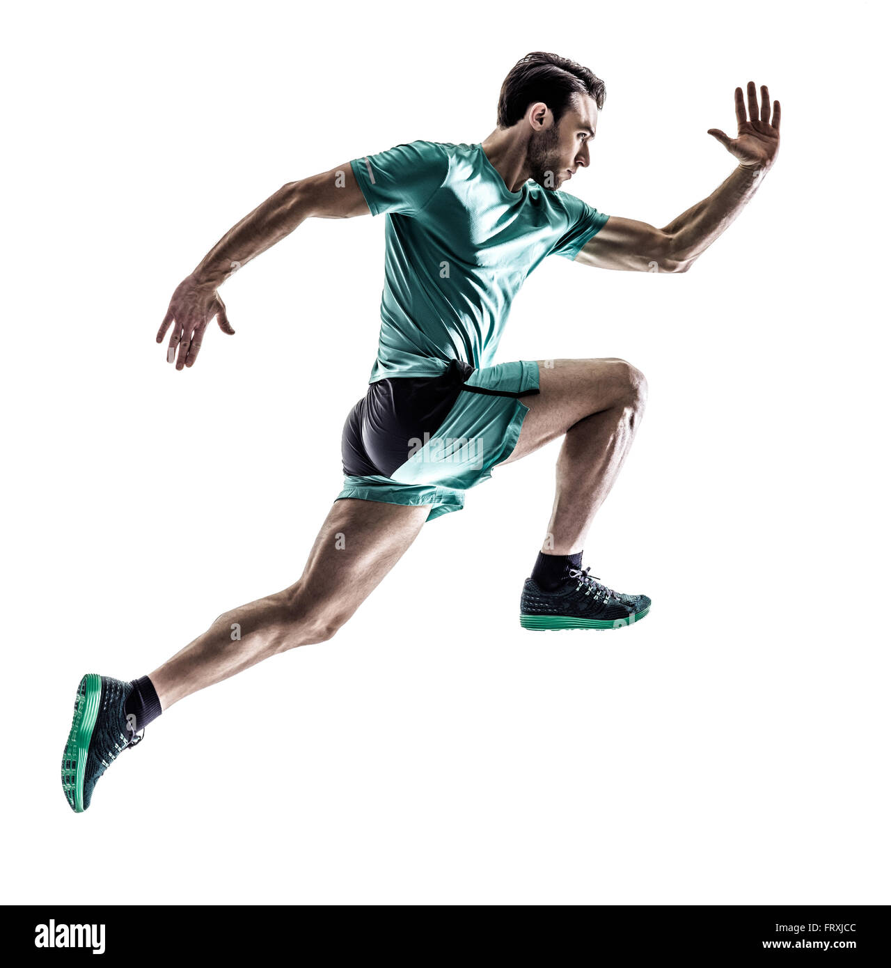 one young man runner jogger running jogging in silhouette isolated on