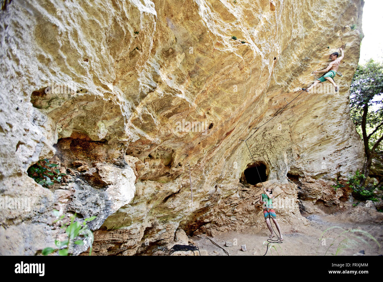 Two climbers at a rock, Finale Ligure, Province of Savona, Liguria, Italy Stock Photo