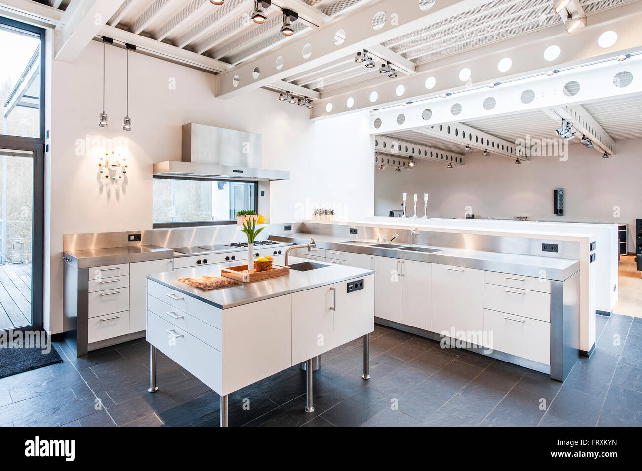 Open plan kitchen inside a Bauhaus villa, Sauerland, Germany Stock Photo