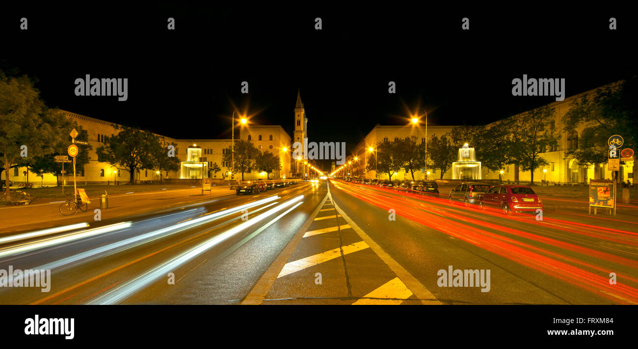 Evening view of Ludwigstrasse with Ludwigskirche, Theatiner church and Feldherrnhalle, Munich, Upper Bavaria, Bavaria, Germany Stock Photo