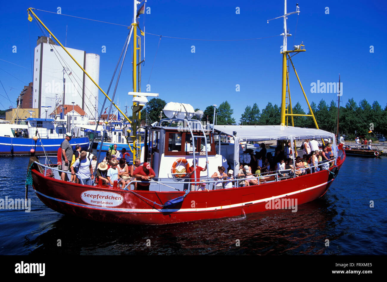 Touris cruise ship SEEPFERDCHEN, Burgstaaken harbour, Fehmarn island, Baltic Sea, Schleswig-Holstein, Germany, Europe Stock Photo