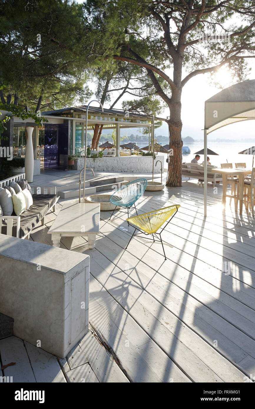 Terrace of a hotel restaurant, Vourvourou, Sithonia, Chalkidiki, Greece Stock Photo
