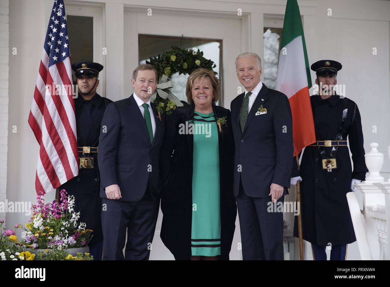 U.S. Vice President Joe Biden welcomes Taoiseach Enda Kenny and his wife Fionnuala for a St. Patrick's Day breakfast at the Naval Observatory Residence March 15, 2016 in Washington, DC. Stock Photo