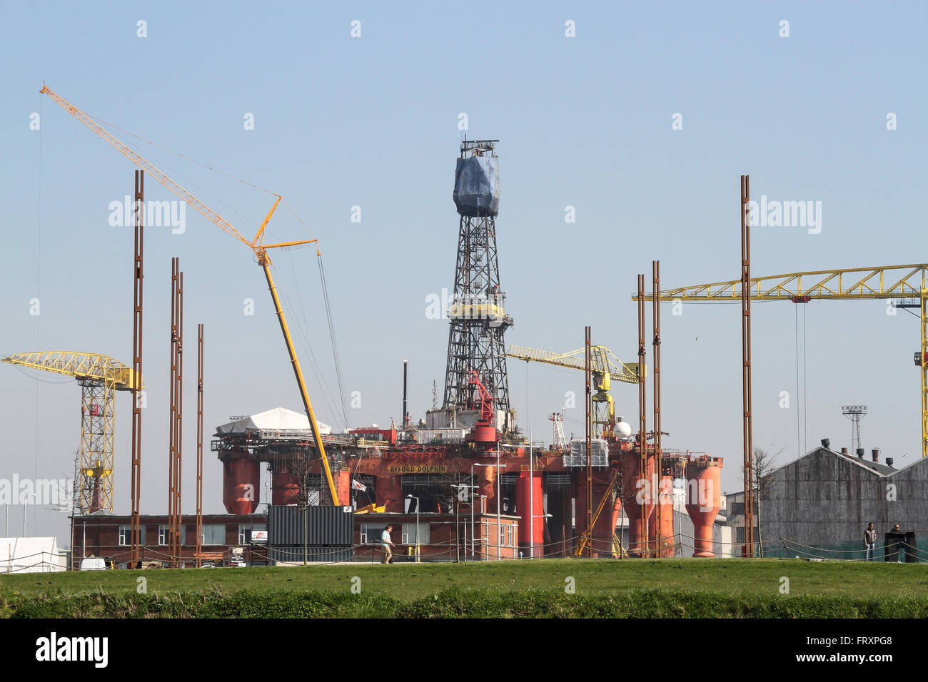 The Byford Dolphin drilling rig in the Port of Belfast, for refit by Harland and Wolff Heavy Industries Limited. Stock Photo