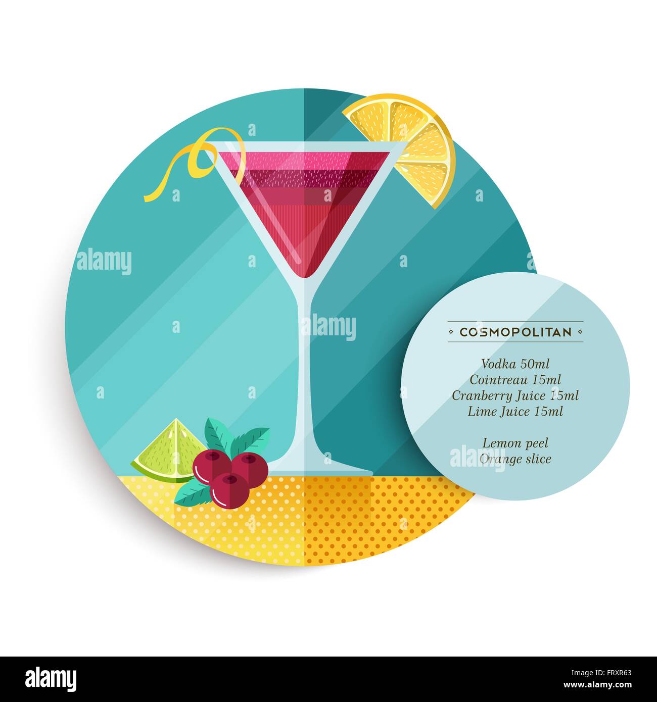 Cosmopolitan cocktail drink recipe illustration in colorful flat art design style with summer fruit decoration and ingredients Stock Vector