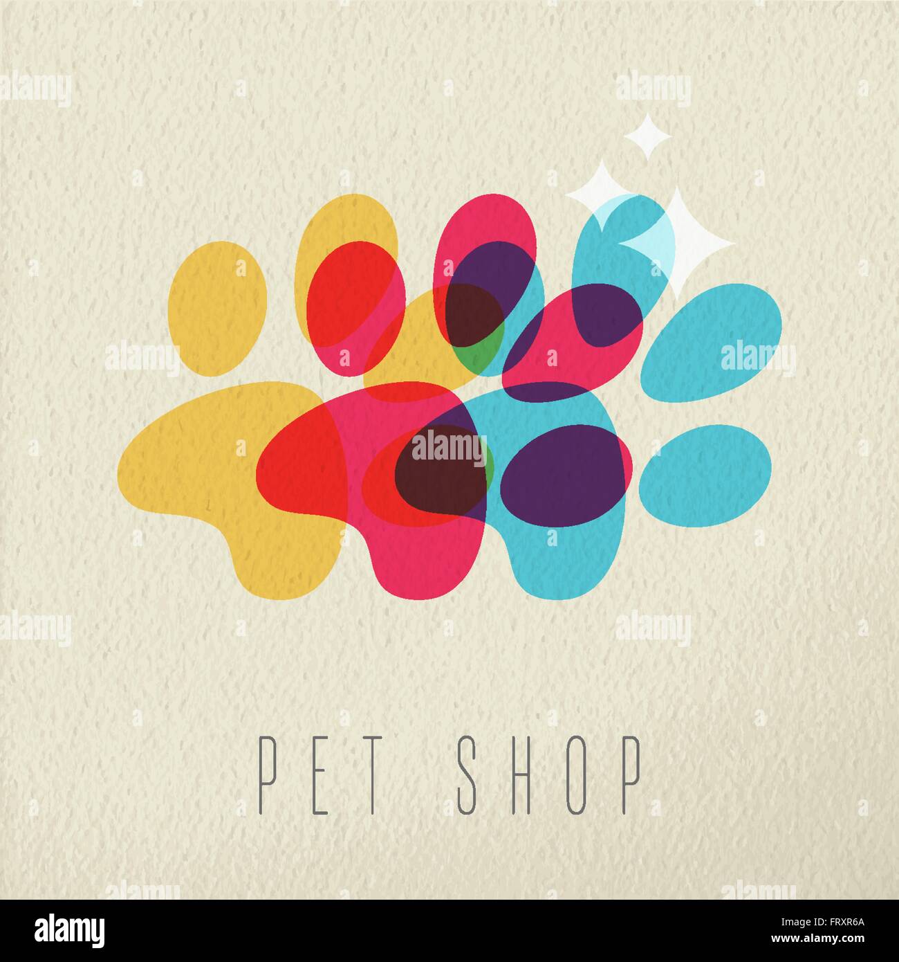 Pet shop concept, dog paw illustration with colorful silhouette on texture background. EPS10 vector. Stock Vector