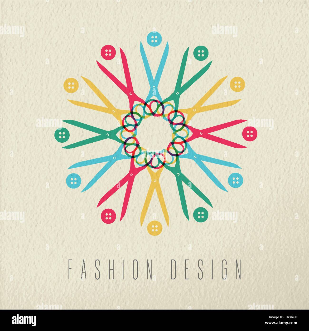 Fashion design colorful concept, retro scissors and clothing button composition on texture background. EPS10 vector. Stock Vector