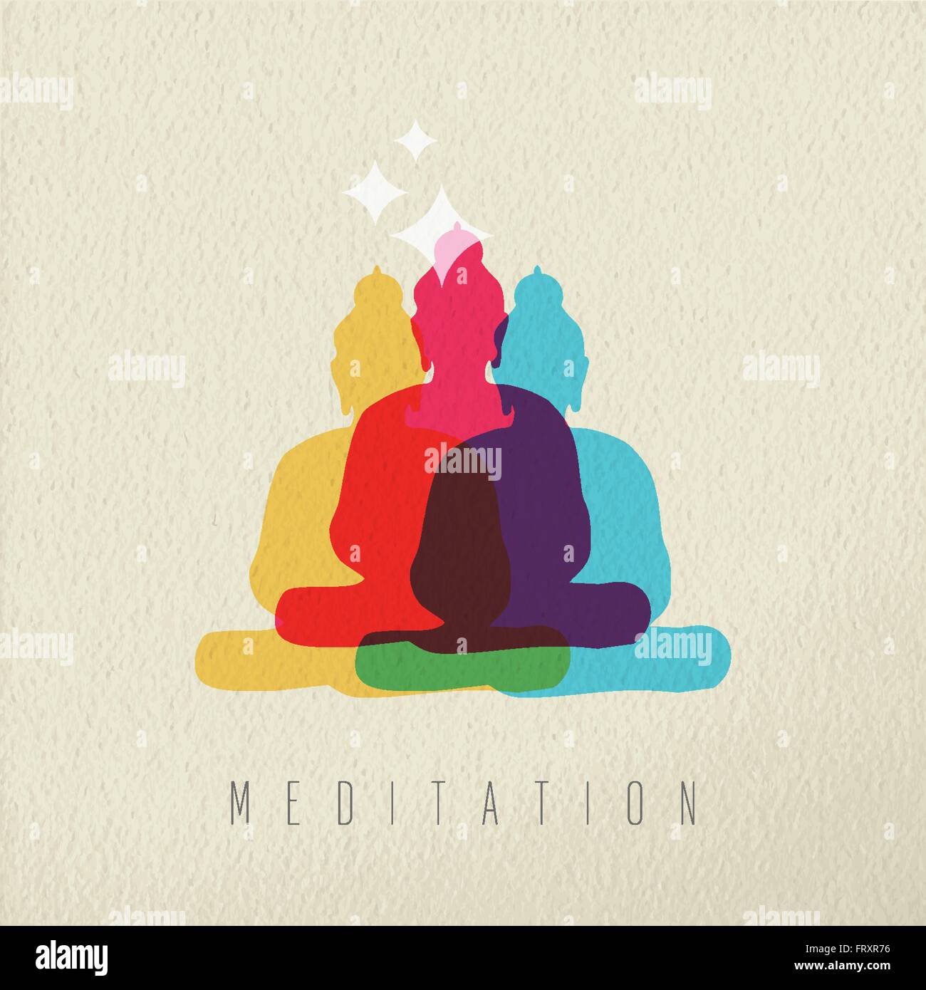 Meditation concept icon, illustration of Asian culture Buddha god statue in colorful style over texture background. EPS10 vector Stock Vector