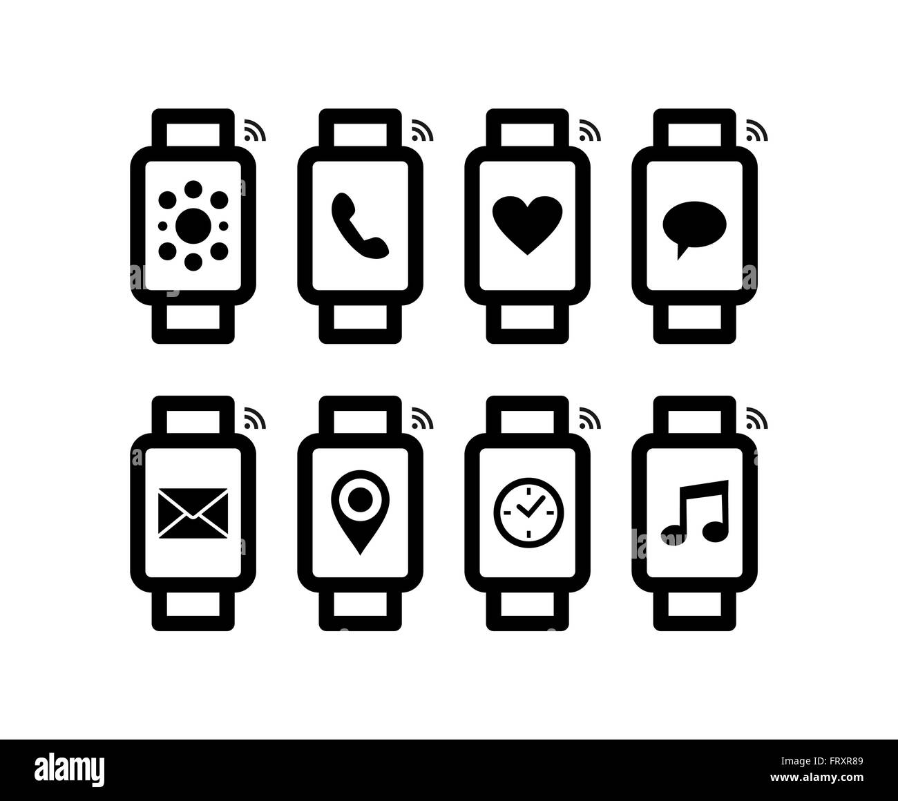 Set of line art style smart watch designs with social app notification on screen, includes gps, mail, music and message icons. Stock Vector