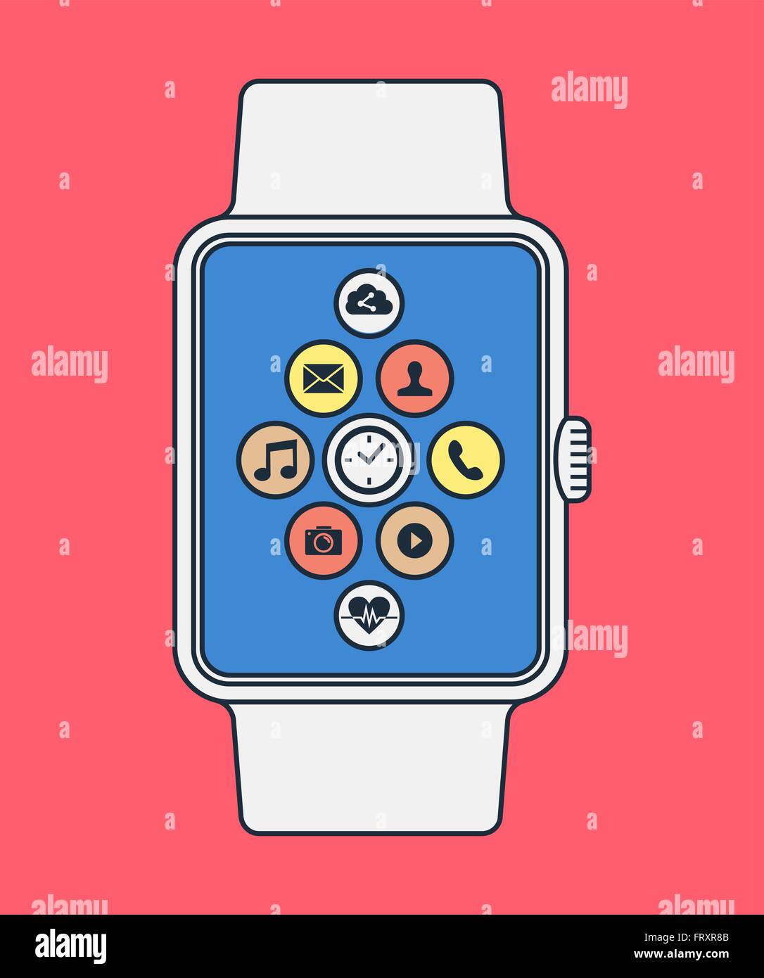 Modern smart watch illustration in line art style with colorful social app icons on screen. EPS10 vector. Stock Vector