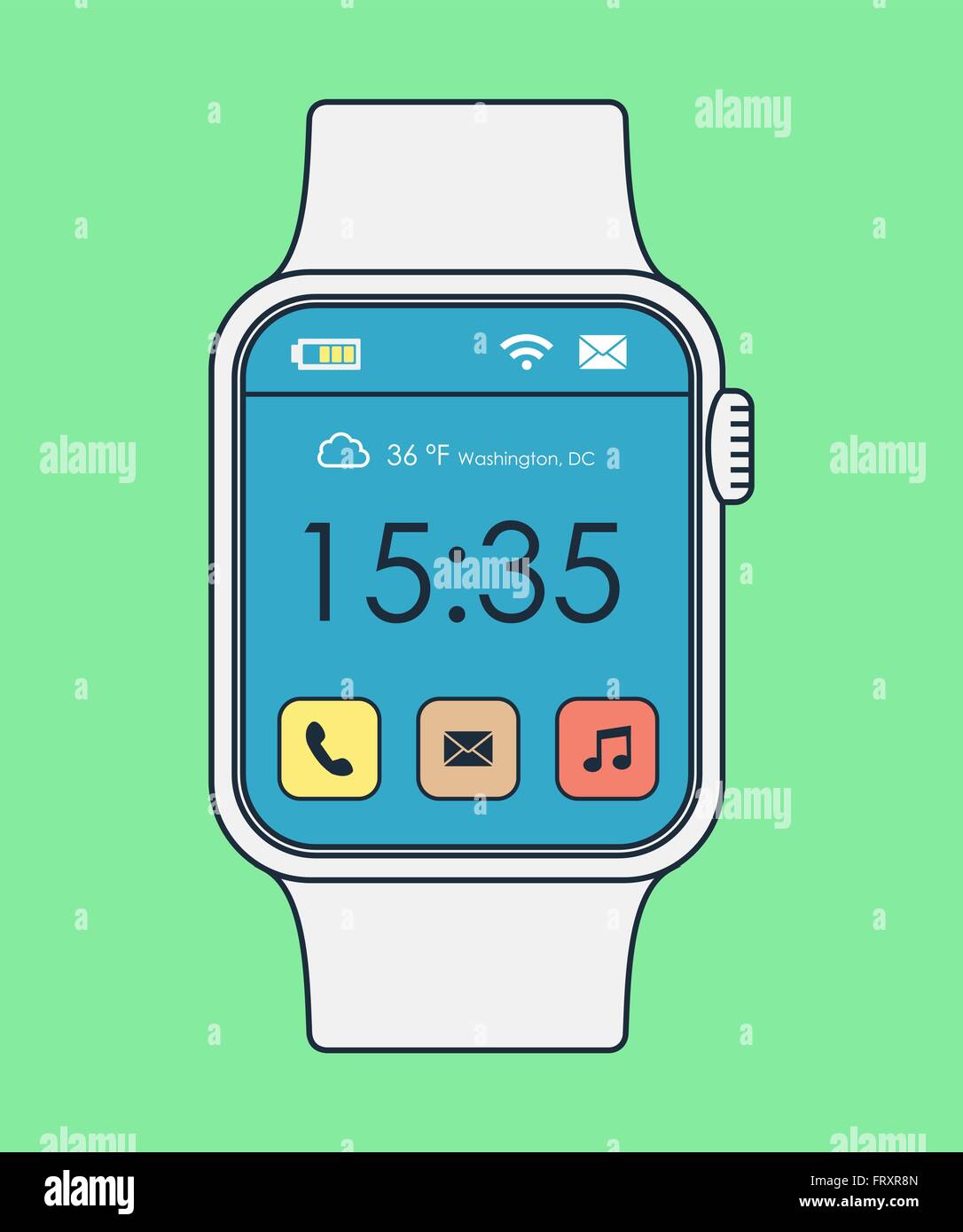 Smart watch illustration in modern line art style with colorful app icons and time display. EPS10 vector. Stock Vector
