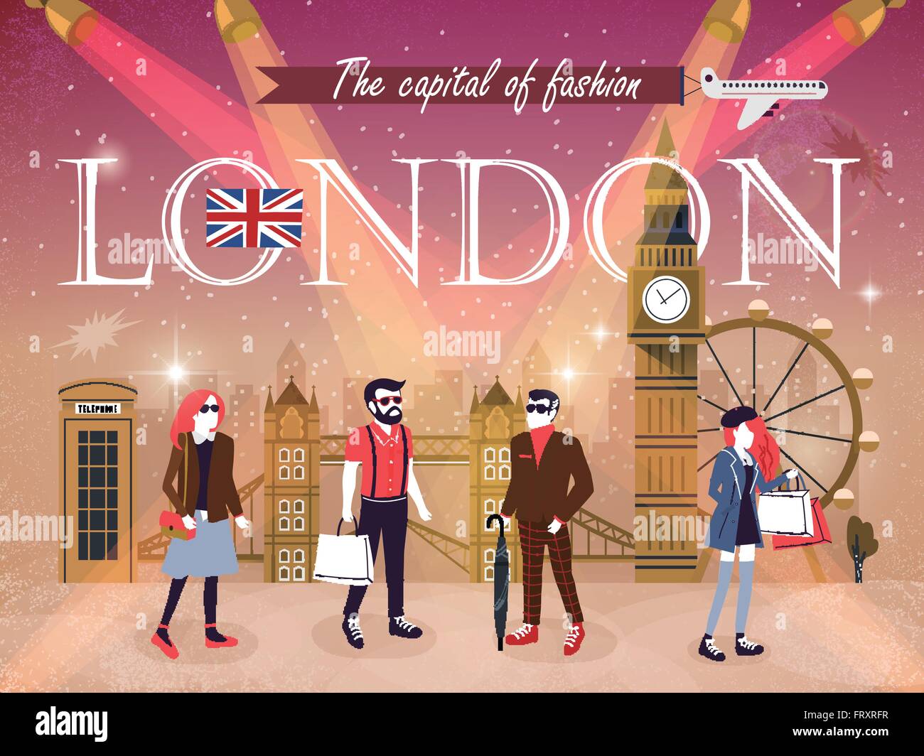 London fashion capital advertising poster with models and attractions Stock Vector