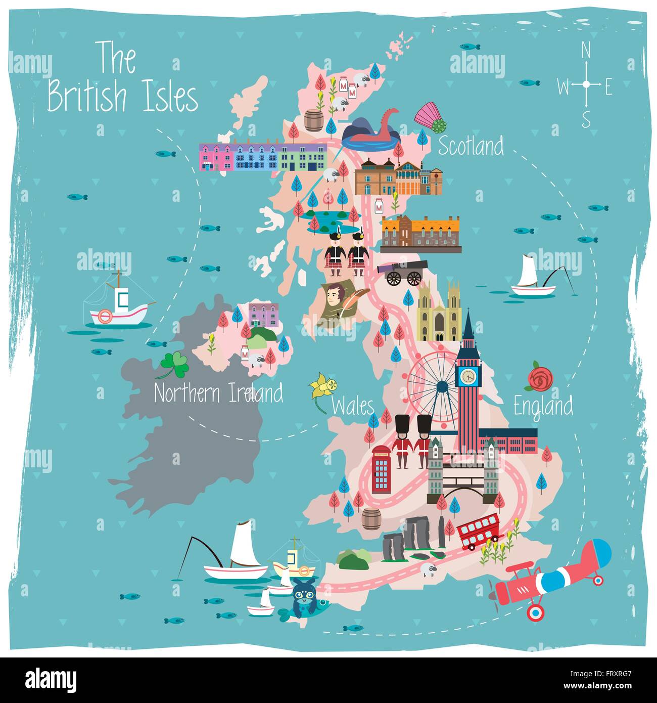 lovely United Kingdom travel map design with attractions Stock Vector