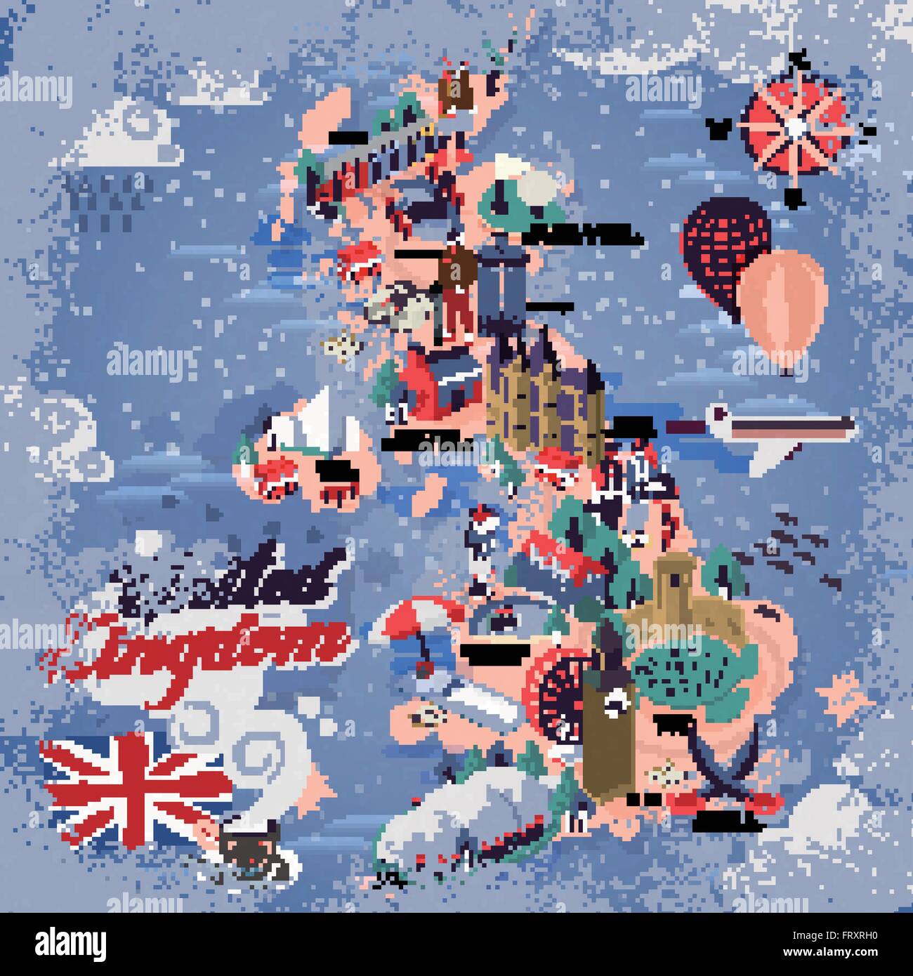 attractive United Kingdom travel map with attractions Stock Vector
