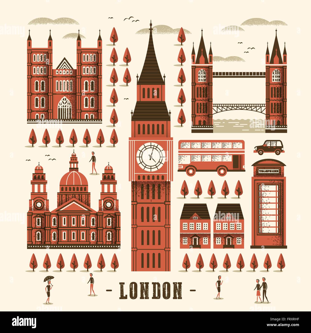 elegant London attractions collection in flat style Stock Vector
