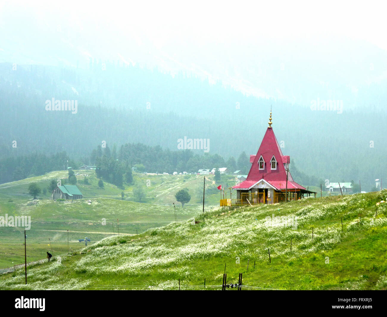 Rani temple or Maharani temple on Hill slope above golf course in Gulmarg, Kashmir,  film song 'Jai Jai Shiv Shankar' Stock Photo