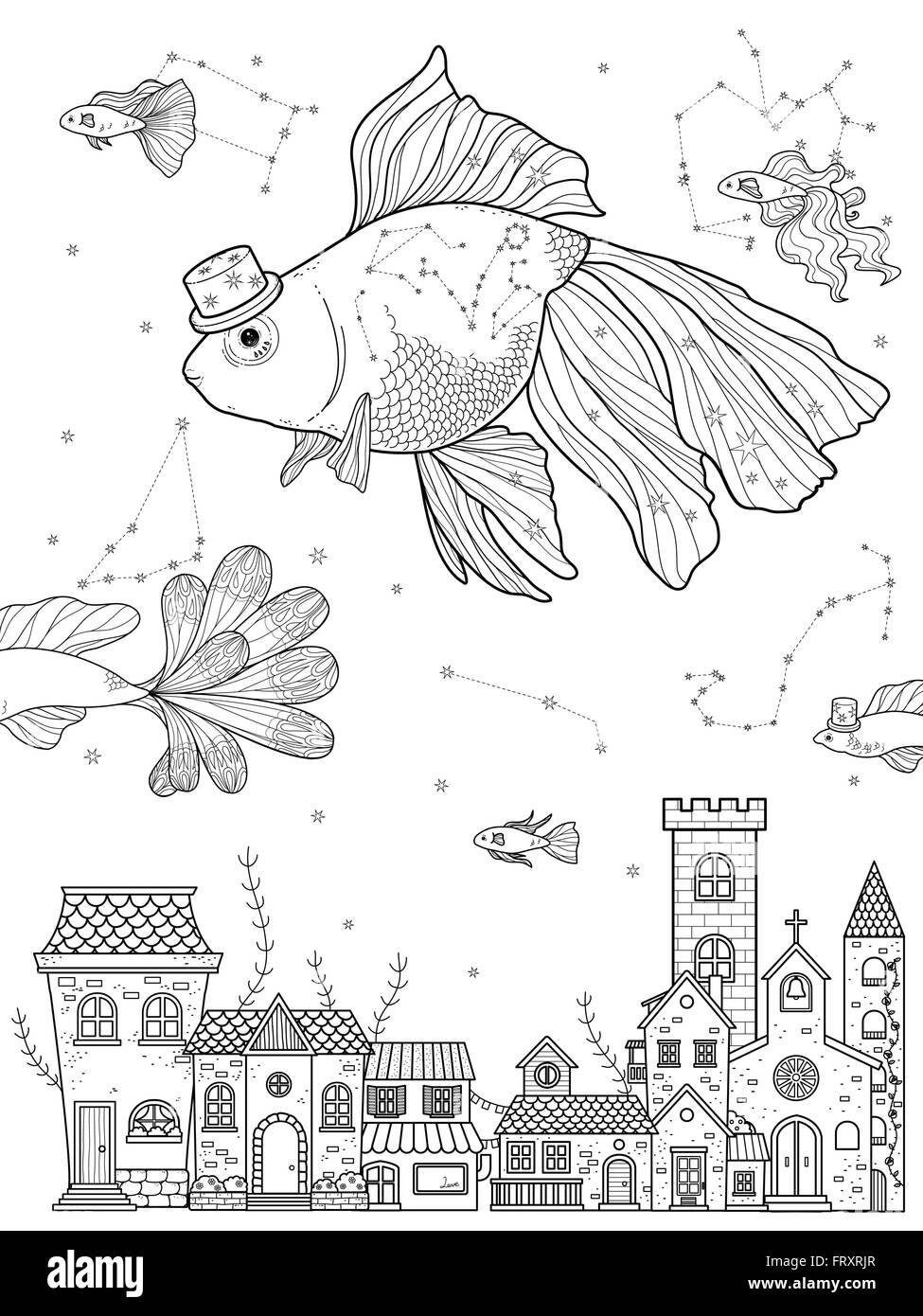 Fancy Goldfish Float Upon Starry Night Adult Coloring Page Stock Vector Image Art Alamy