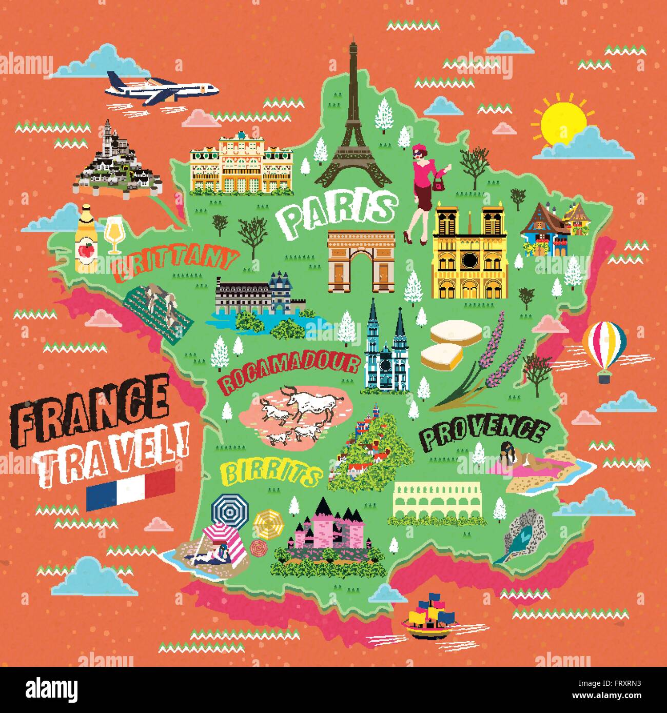 lovely France travel map with attraction symbols Stock Vector Image & Art -  Alamy