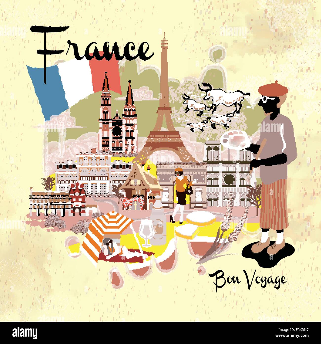 lovely France travel impression poster with attractions Stock Vector