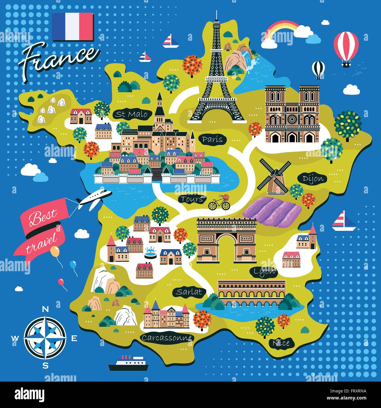 attractive France travel map with attractions in flat design Stock Vector