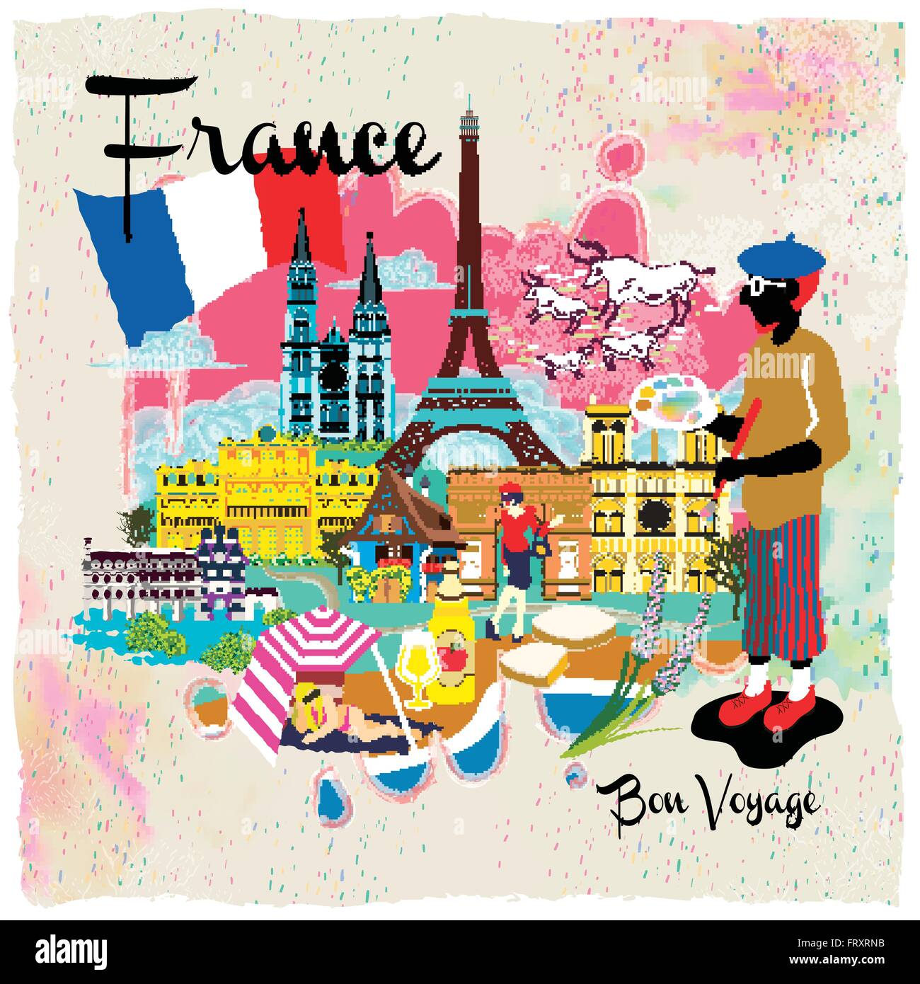 lovely France travel impression poster with attractions Stock Vector