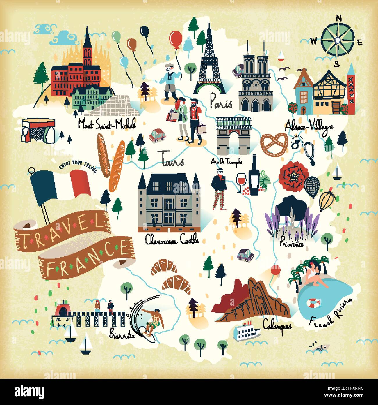 lovely France travel map with famous attractions and specialties Stock Vector