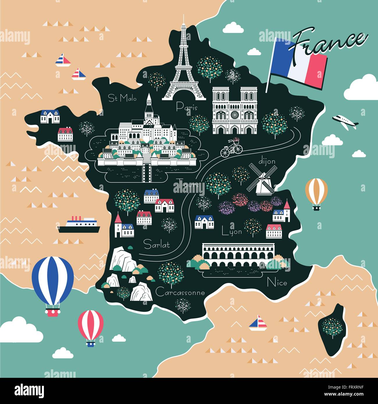 attractive France travel map with attractions in flat design Stock Vector