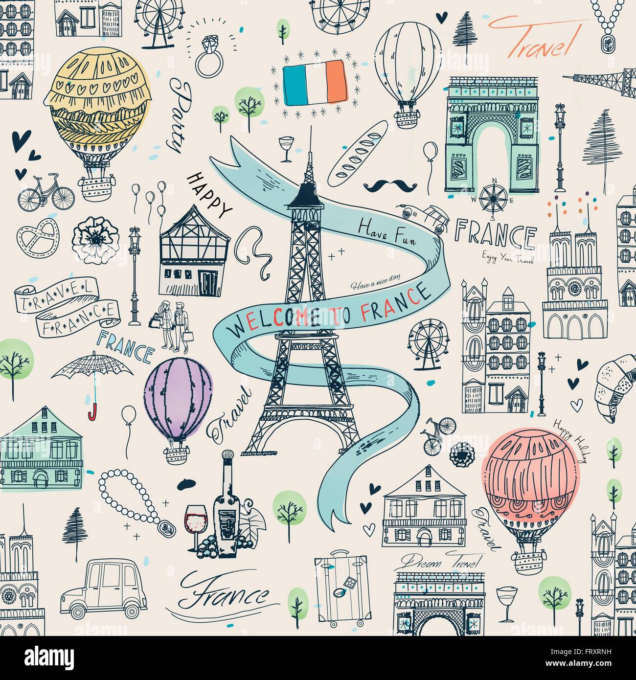 lovely France travel poster with famous attractions and specialties Stock Vector