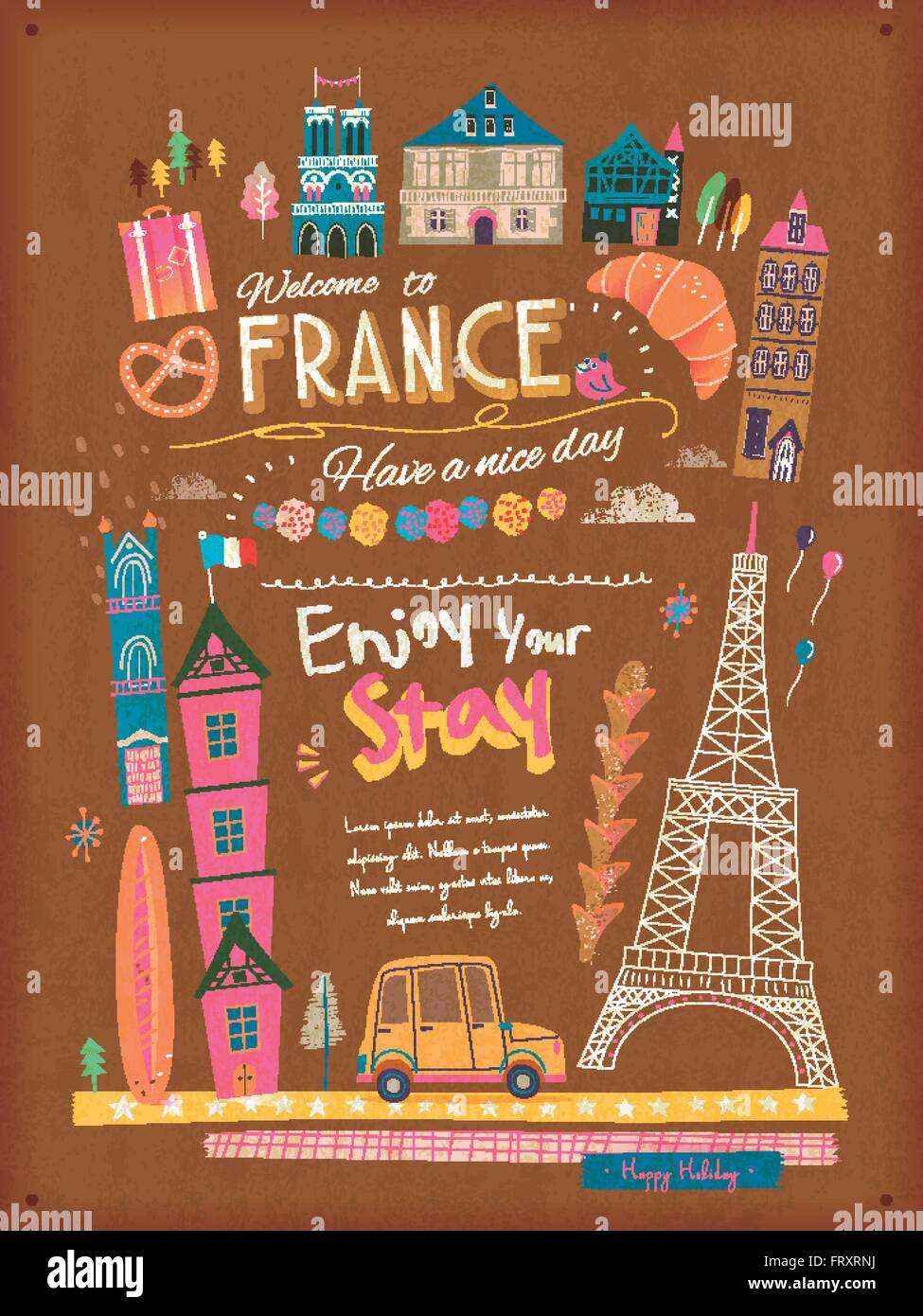 lovely France travel poster with famous attractions and specialties Stock Vector