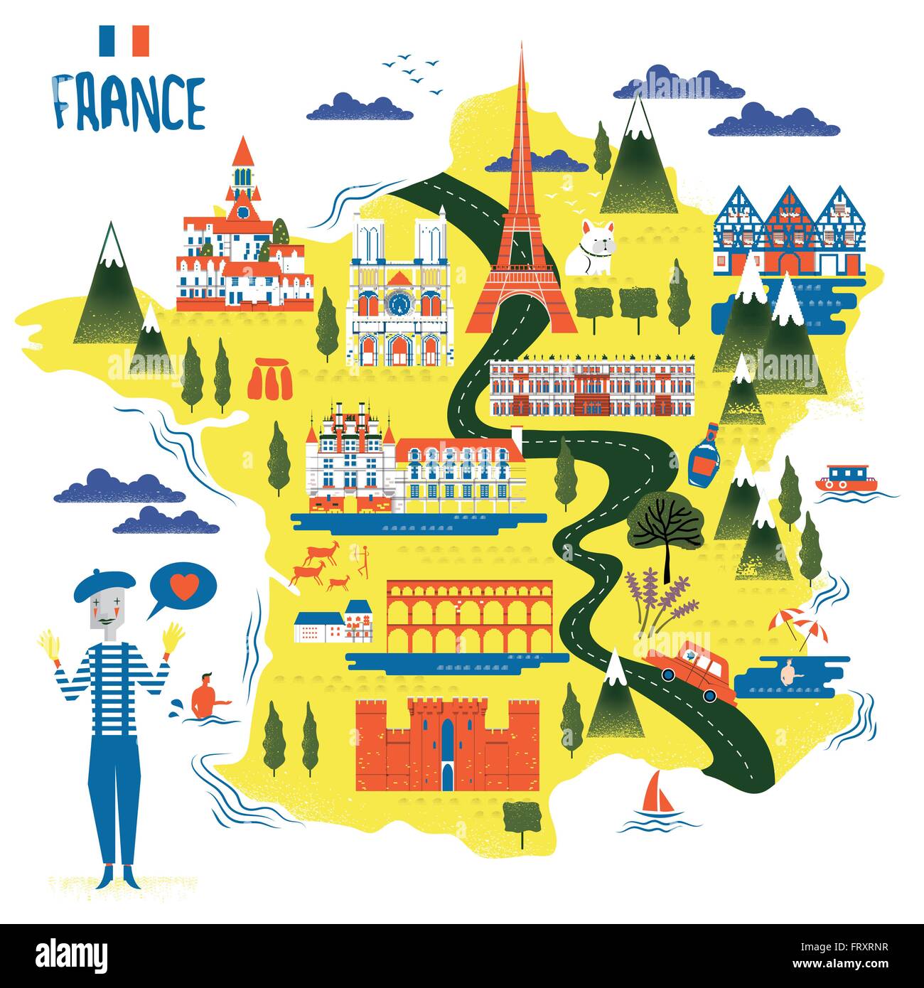 adorable France travel map with attractions and specialties Stock Vector