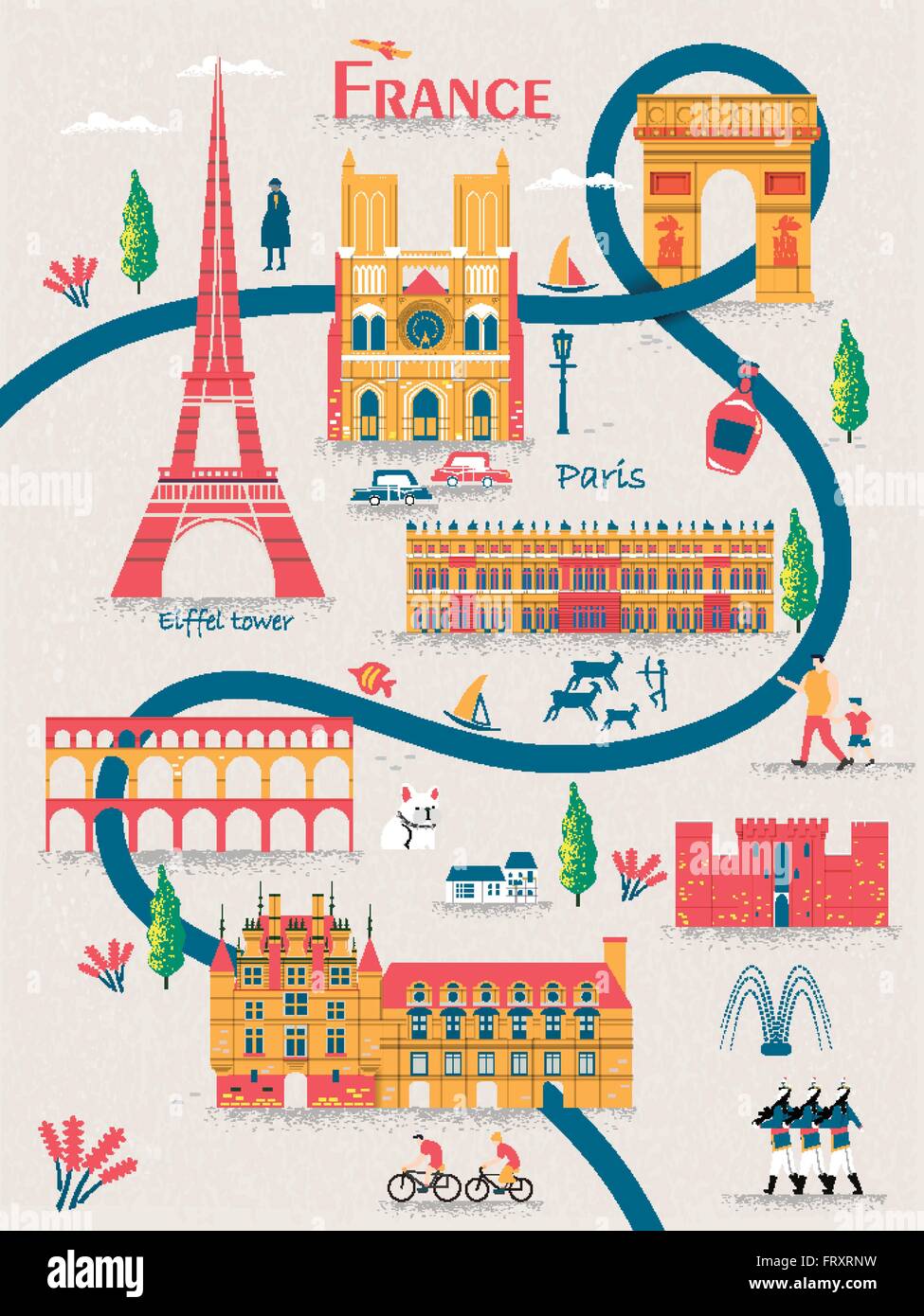 lovely France travel poster with famous attractions Stock Vector