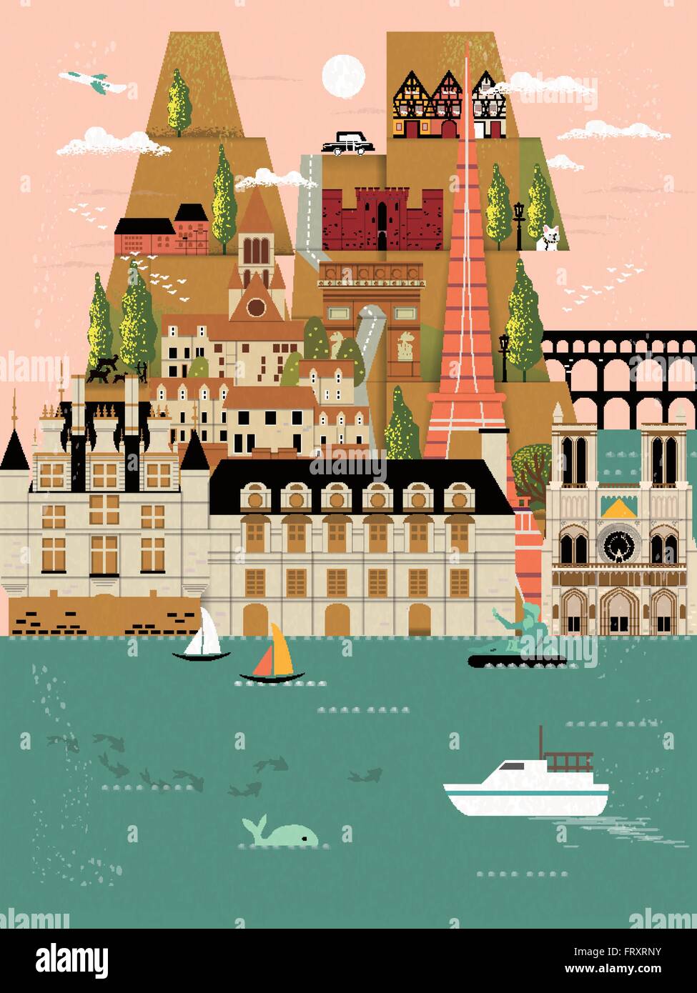 lovely France travel poster with famous attractions Stock Vector