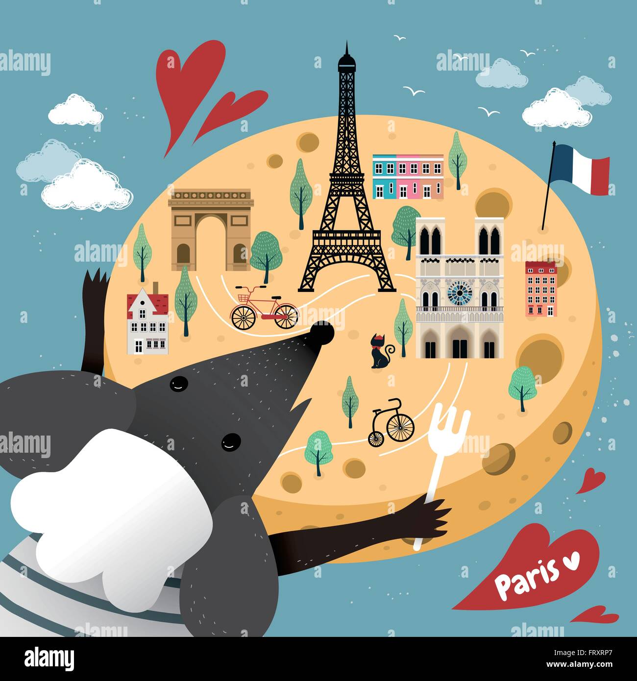 lovely French cheese map with famous attractions and mice Stock Vector