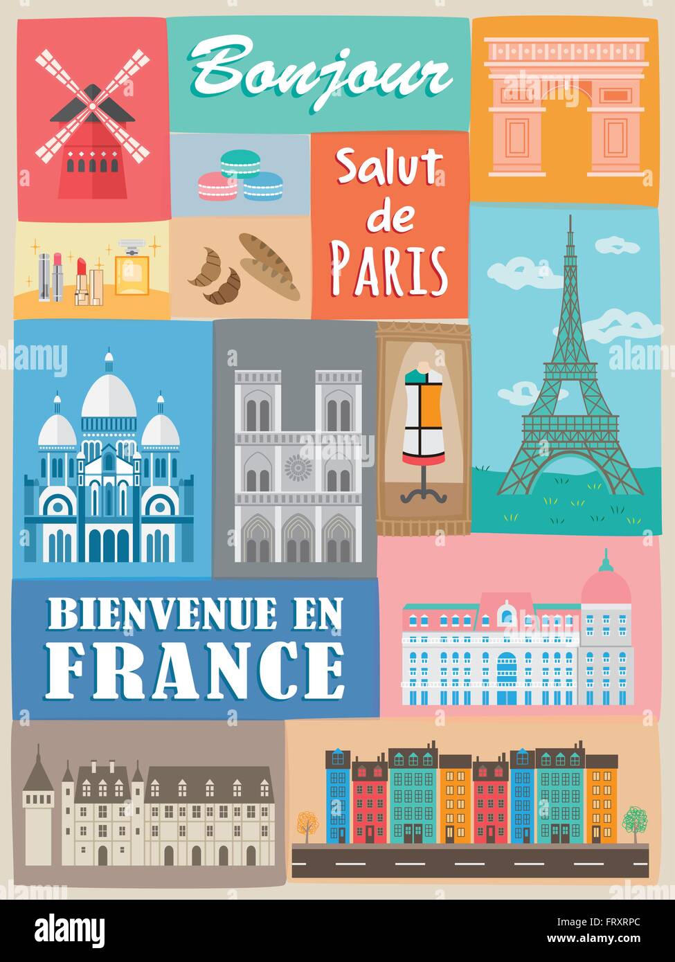 modern France poster with attractions and specialties Stock Vector