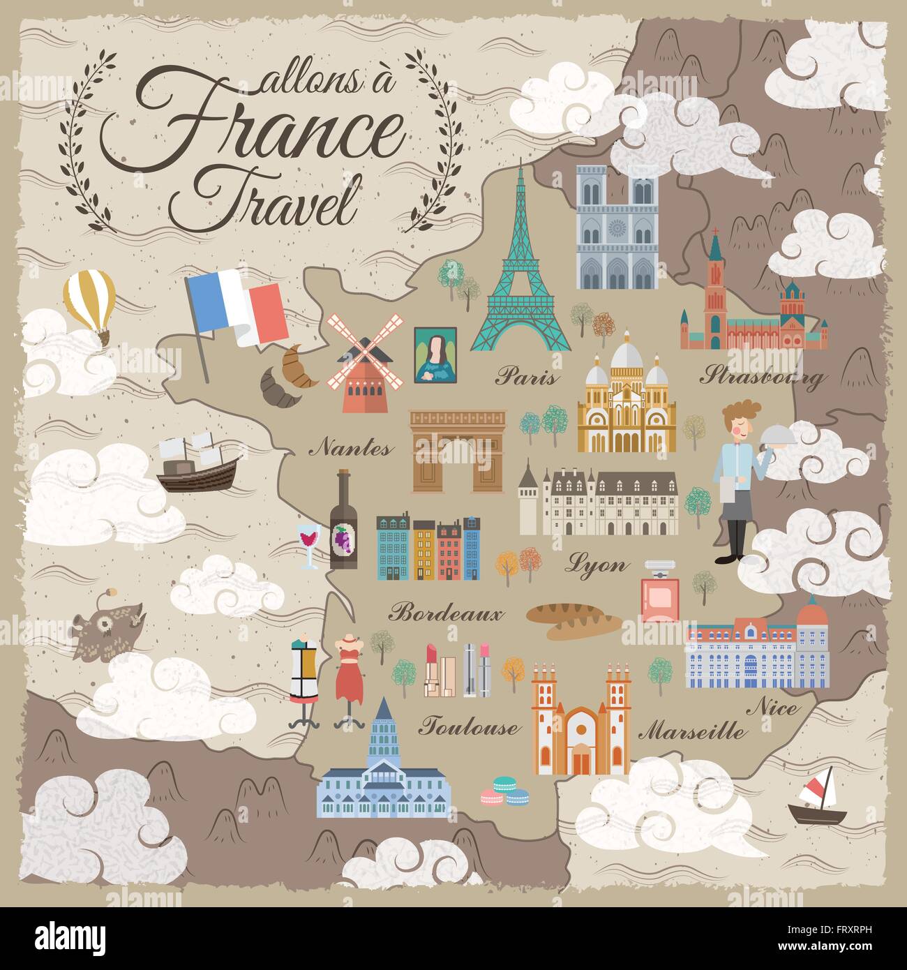 attractive France travel map with attractions and specialties Stock Vector