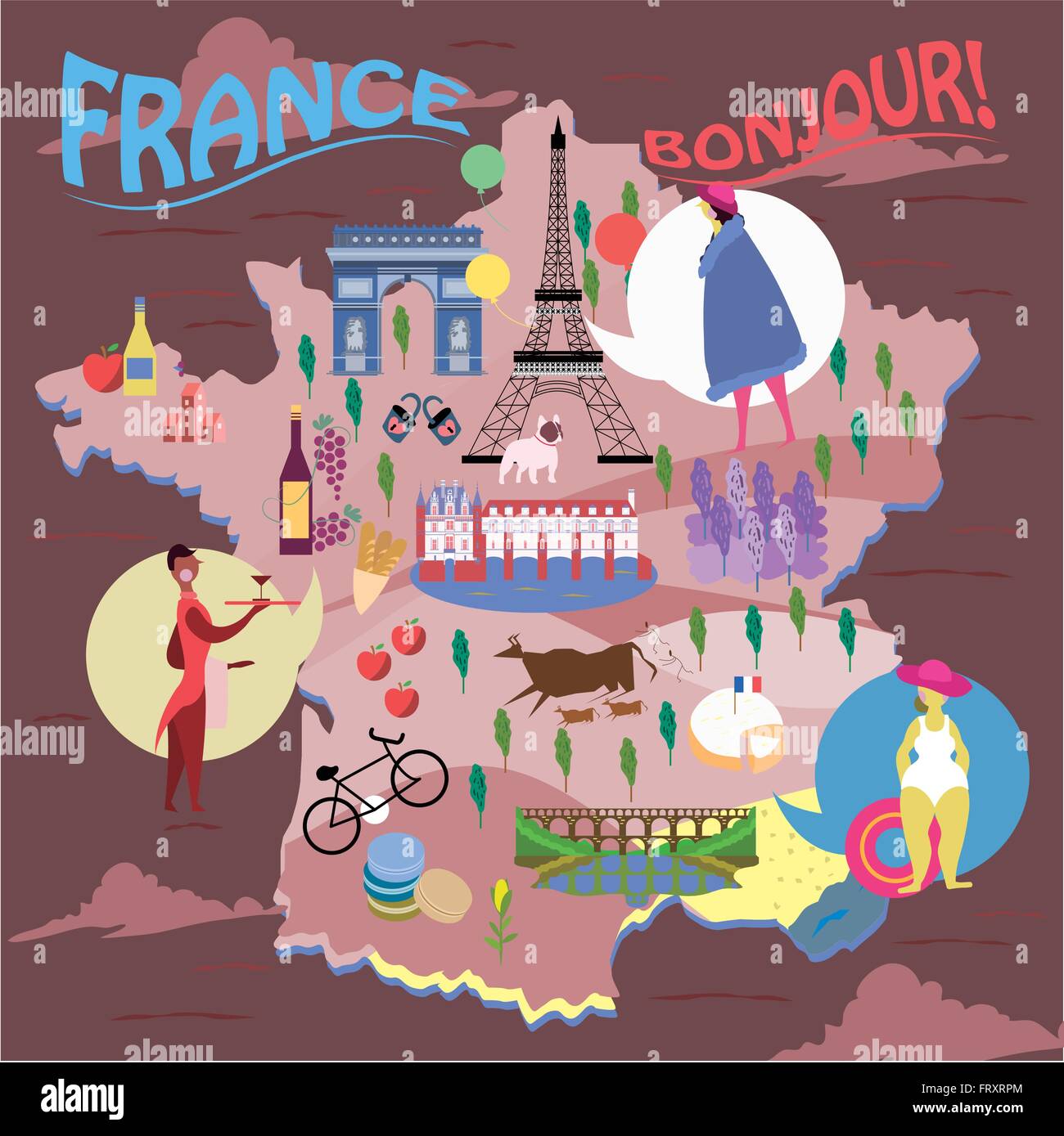 elegant France travel map with famous attractions Stock Vector