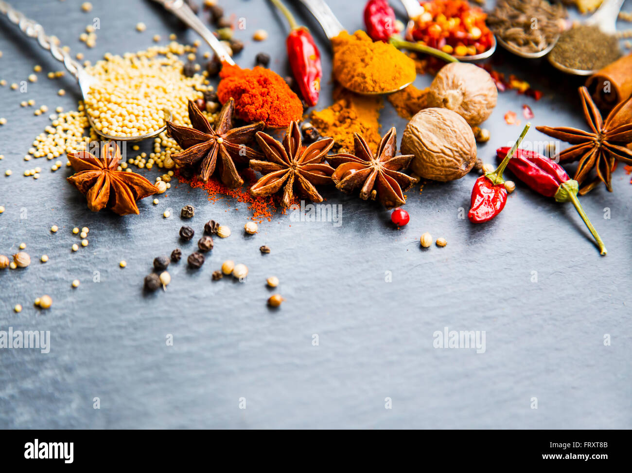 Indian spices with nutmeg,cinnamon,anise and chili flakes, cumin seed