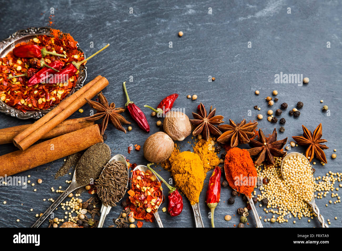 Indian spices with nutmeg,cinnamon,anise and chili flakes, cumin seed